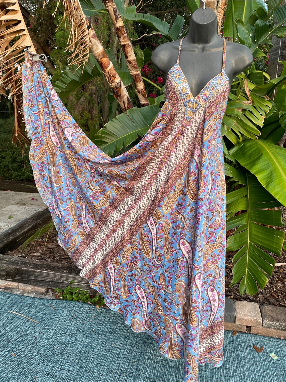 bandanna, print, bohemian, asymmetric, handkerchief, hem, trapeze dress
